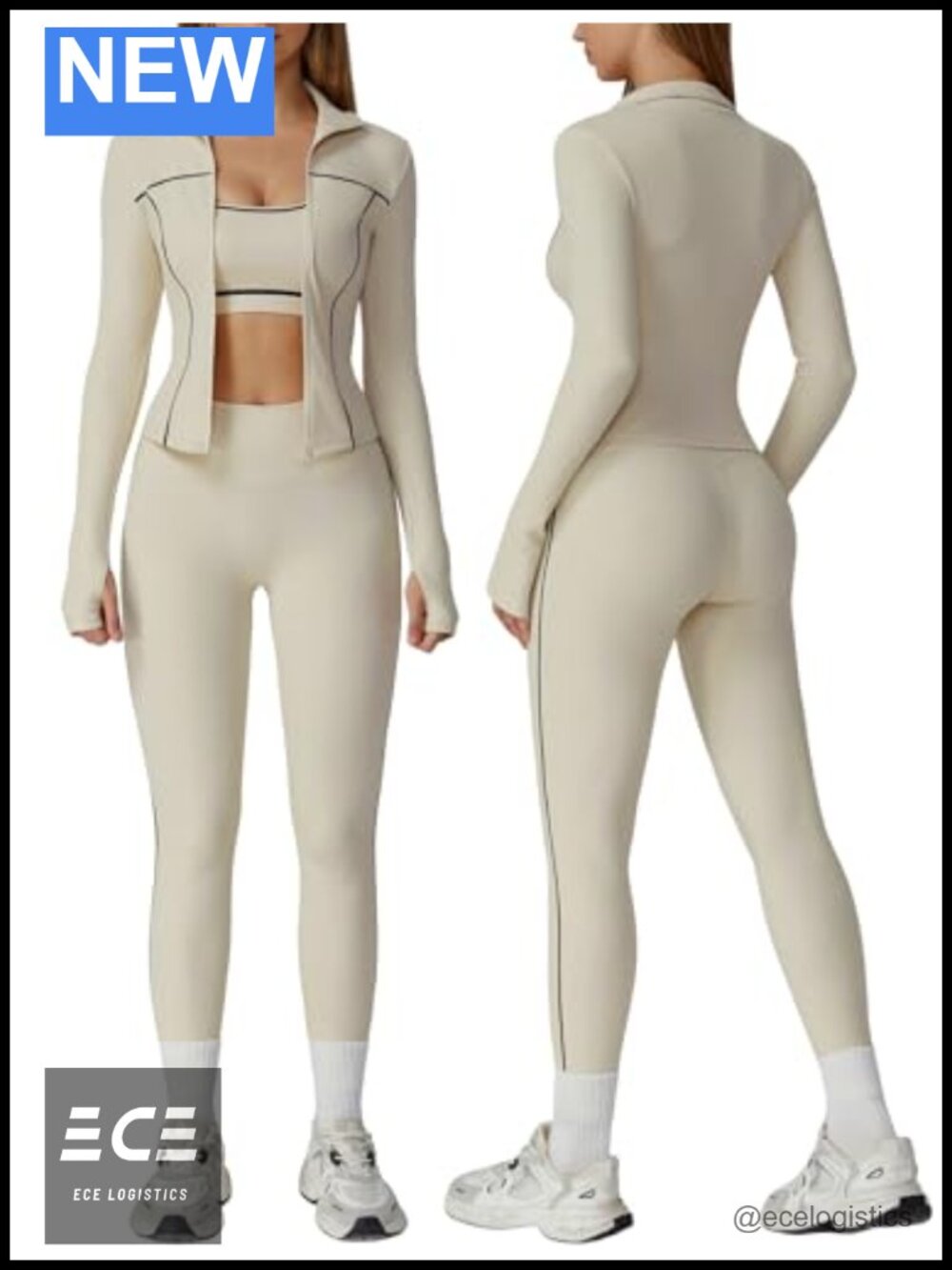 Women's 3 Piece Workout Set Long Sleeve Jacket Sports Bra Leggings